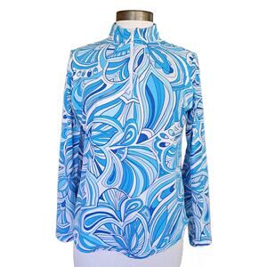 IBKUL IICKULS Turquoise Blue Swirl Long Sleeve Zip Mock SPF 50 Medium
